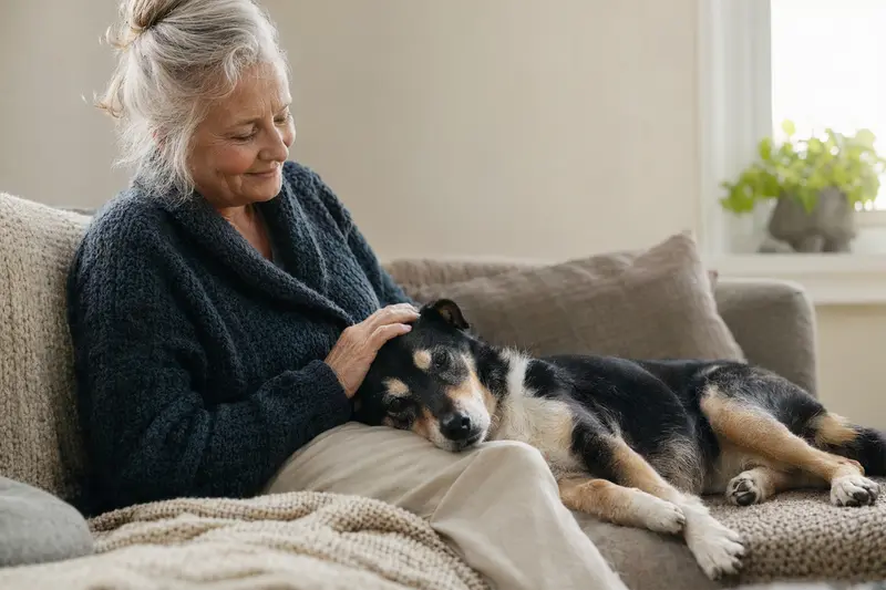 Ein älterer Dansk-Svensk Gardshund liegt entspannt auf einem gemütlichen Sofa, während sein Besitzer ihn liebevoll streichelt.