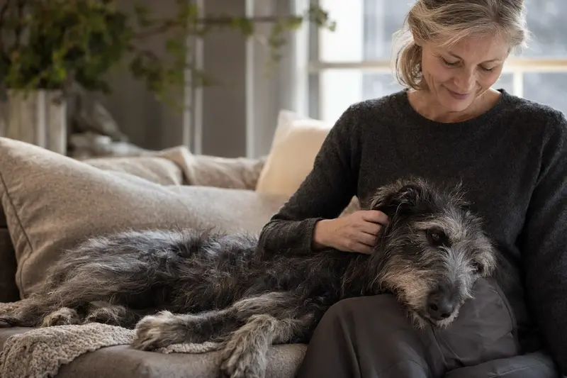Ein älterer Deerhound liegt entspannt auf einem Sofa, während sein Besitzer ihn liebevoll streichelt.