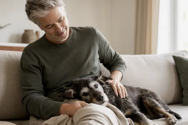 Ein älterer Designerhund liegt entspannt auf einem gemütlichen Sofa, während sein Besitzer ihn liebevoll streichelt.