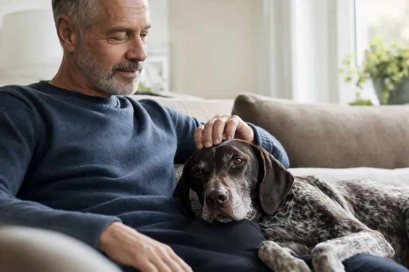 Ein älterer Deutsch-Kurzhaar Hund liegt entspannt auf einem gemütlichen Sofa, während sein Besitzer ihn liebevoll streichelt.