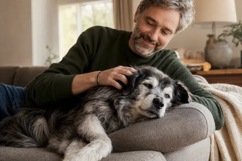 Ein älterer Deutsch Langhaar Hund liegt entspannt auf einem Sofa, während sein Besitzer ihn liebevoll streichelt.