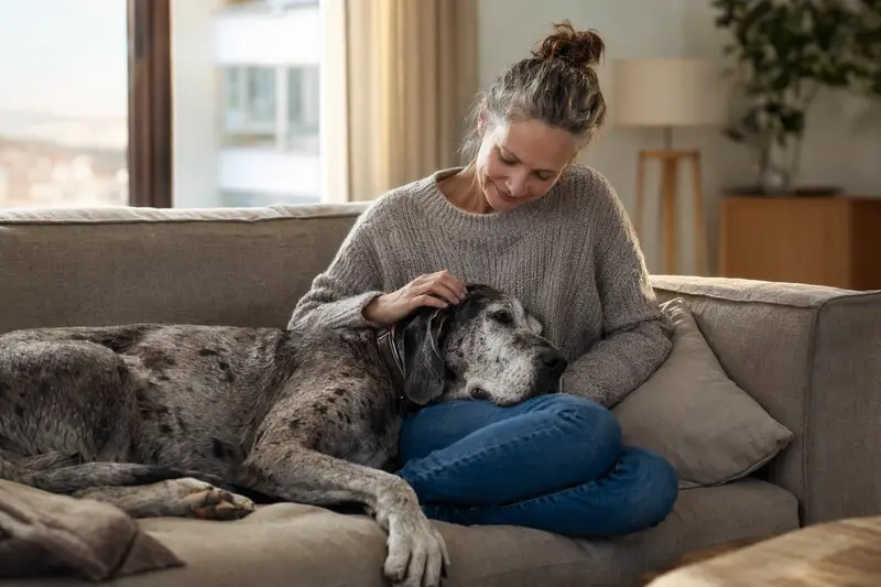 Ein älterer Deutsche Dogge entspannend auf einem Sofa, während sein Besitzer ihn liebevoll streichelt und eine warme Atmosphäre schafft.