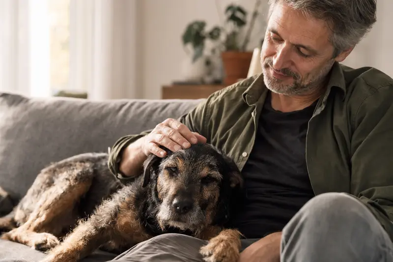 Ein älterer Deutscher Jagdterrier liegt entspannt auf einem Sofa, während sein Besitzer ihn liebevoll streichelt.