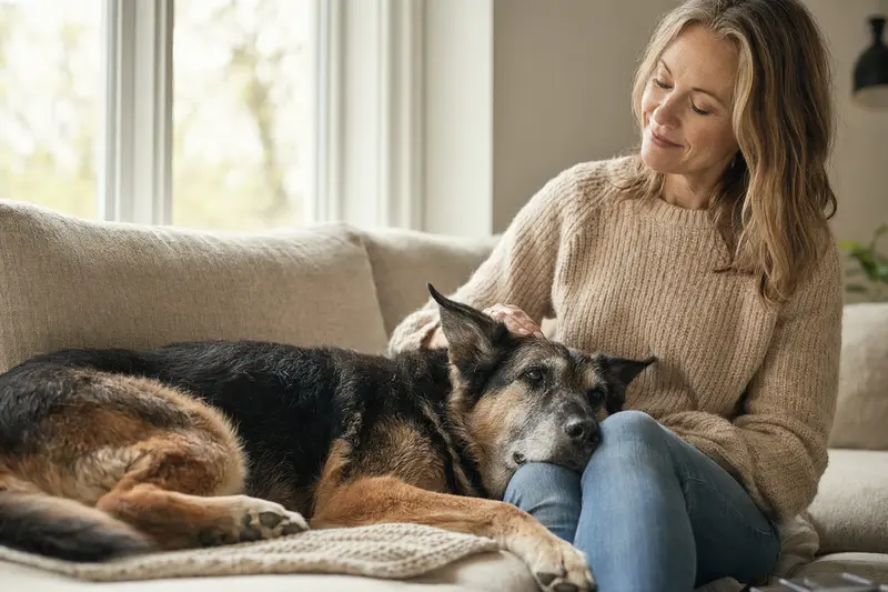 Ein älterer Deutscher Schäferhund liegt entspannt auf einem gemütlichen Sofa, während sein Besitzer ihn liebevoll streichelt.