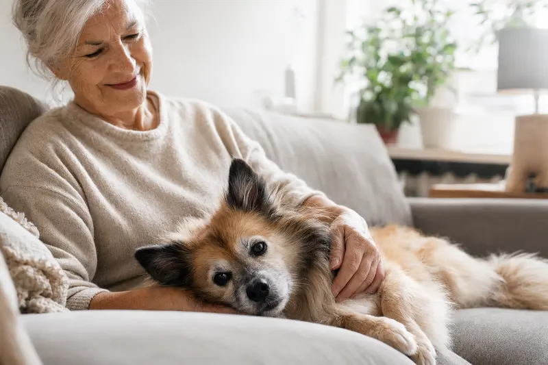 Ein älterer Deutscher Spitz Hund liegt entspannt auf einem gemütlichen Sofa, während sein Besitzer ihn liebevoll streichelt, was ein Gefühl von Fürsorge und Sicherheit vermittelt.