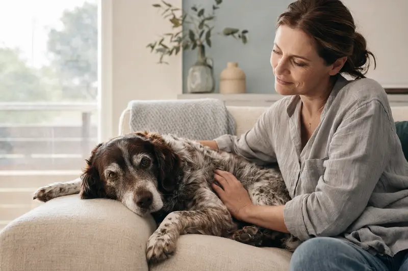 Ein älterer Deutscher Wachtelhund liegt entspannt auf einem gemütlichen Sofa, während sein Besitzer ihn liebevoll streichelt.