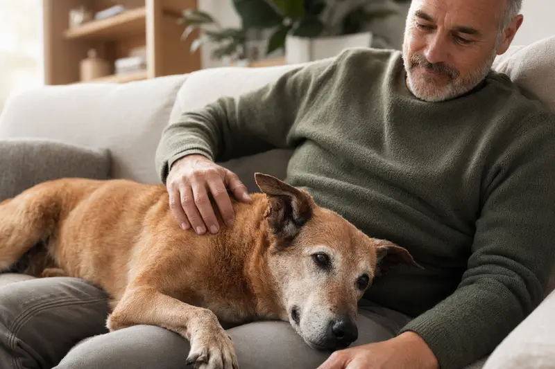Ein älterer Dingo Hund liegt entspannt auf einem Sofa, während sein Besitzer ihn streichelt.