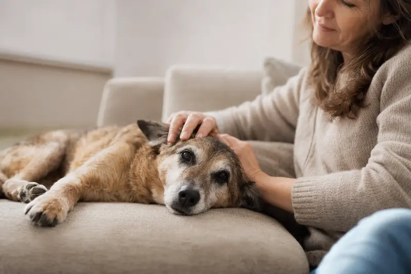 Ein älterer Dixie Dingo Hund liegt entspannt auf einem Sofa, während sein Besitzer ihn liebevoll streichelt.