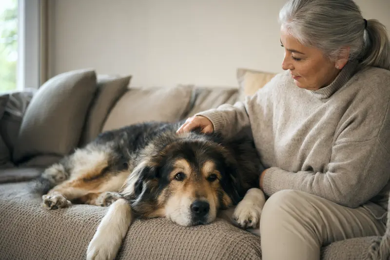 Ein älterer Do Khyi Hund liegt entspannt auf einem Sofa, während sein Besitzer ihn liebevoll streichelt.