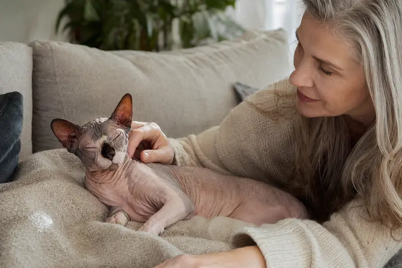 Eine ältere Don Sphynx Katze entspannt auf einem Sofa, während ihr Besitzer sie liebevoll streichelt und eine warme Lichtstimmung schafft.