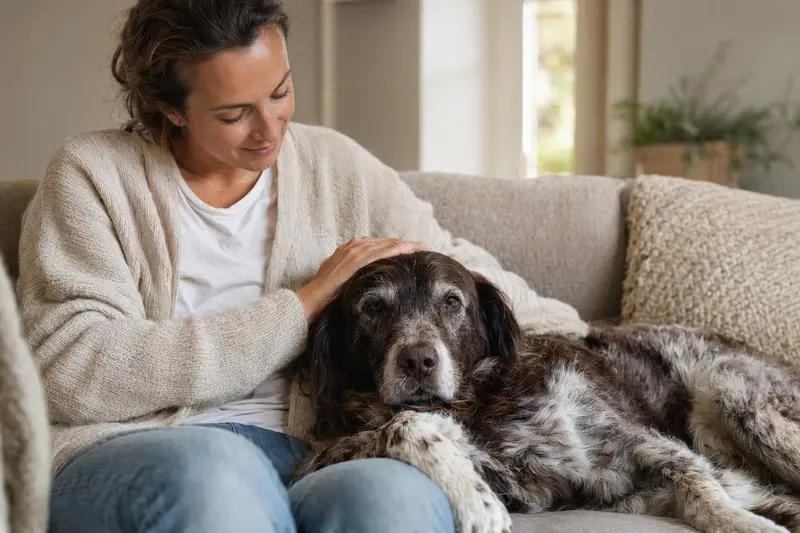 Ein älterer Drentsche Patrijshond liegt entspannt auf einem gemütlichen Sofa, während sein Besitzer ihn liebevoll streichelt.