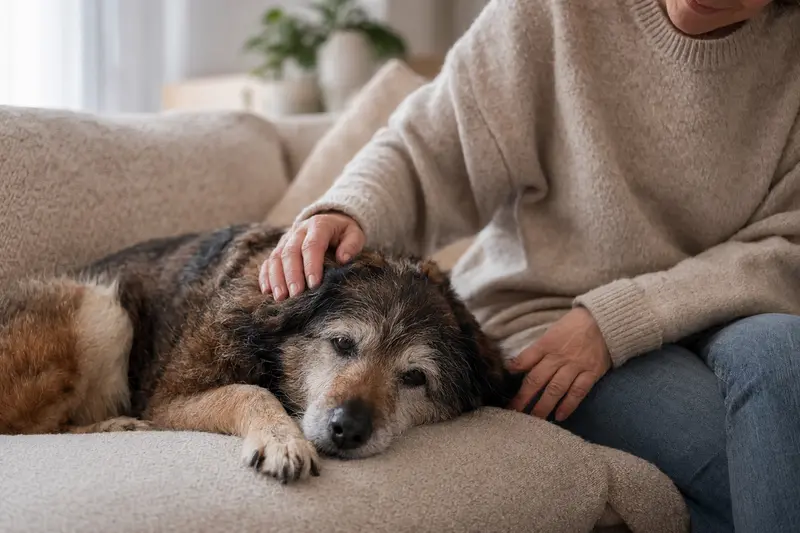 Ein älterer Dürrbächler Hund liegt entspannt auf einem Sofa, während sein Besitzer ihn liebevoll streichelt.