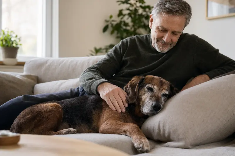 Ein älterer Dunkerbracke liegt entspannt auf einem gemütlichen Sofa, während sein Besitzer ihn liebevoll streichelt.