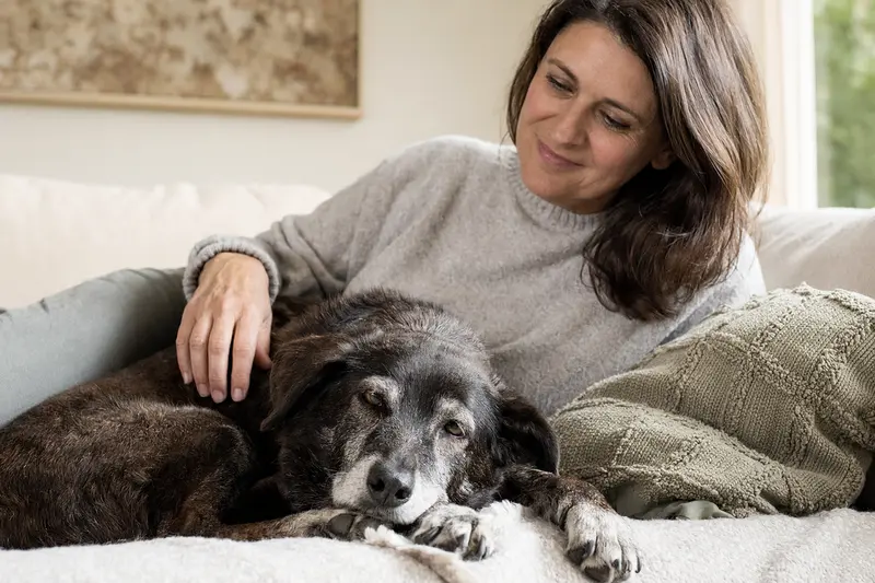 Ein älterer Dunkerlaufhund liegt entspannt auf einem gemütlichen Sofa, während sein Besitzer ihn liebevoll streichelt.
