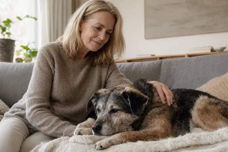 Ein älterer Elchhund liegt entspannt auf einem gemütlichen Sofa, während sein Besitzer ihn liebevoll streichelt.