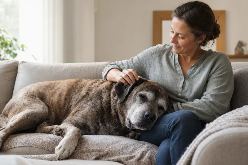 Ein älterer Englischer Mastiff entspannt auf einem Sofa, während sein Besitzer ihn liebevoll streichelt.