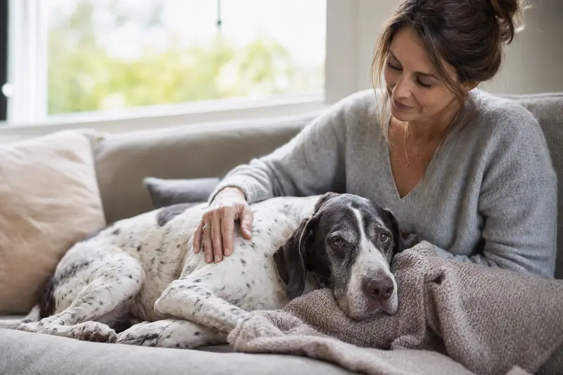 Ein älterer Englischer Pointer Hund entspannt auf einem gemütlichen Sofa, während sein Besitzer ihn liebevoll streichelt.