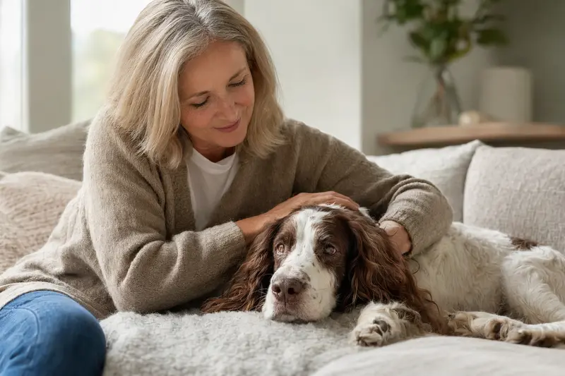 Älterer Englischer Springer Spaniel liegt entspannt auf einem Sofa, während sein Besitzer ihn liebevoll streichelt.
