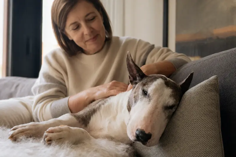 Ein älterer English Bull Terrier liegt entspannt auf dem Sofa, während sein Besitzer ihn liebevoll streichelt.