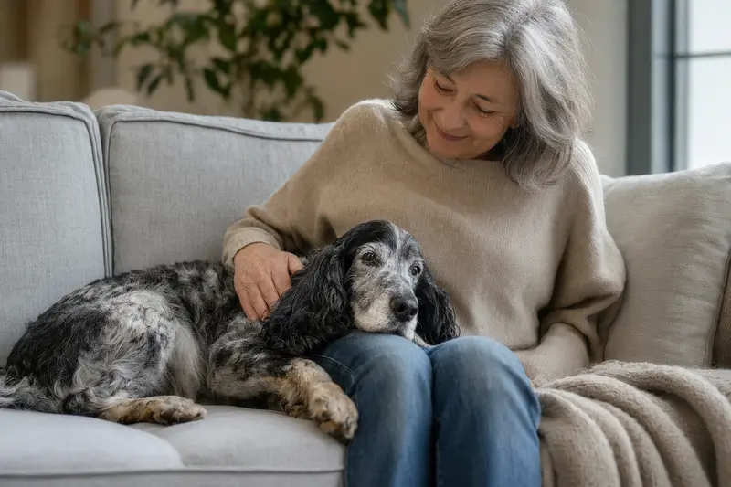 Ein älterer English Cocker Spaniel liegt entspannt auf einem Sofa, während sein Besitzer ihn liebevoll streichelt, was ein Gefühl von Sicherheit und Fürsorge vermittelt.