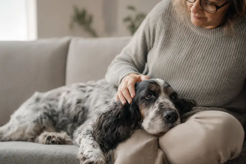 Ein älterer English Springer Spaniel entspannt auf einem Sofa, während sein Besitzer ihn liebevoll streichelt.