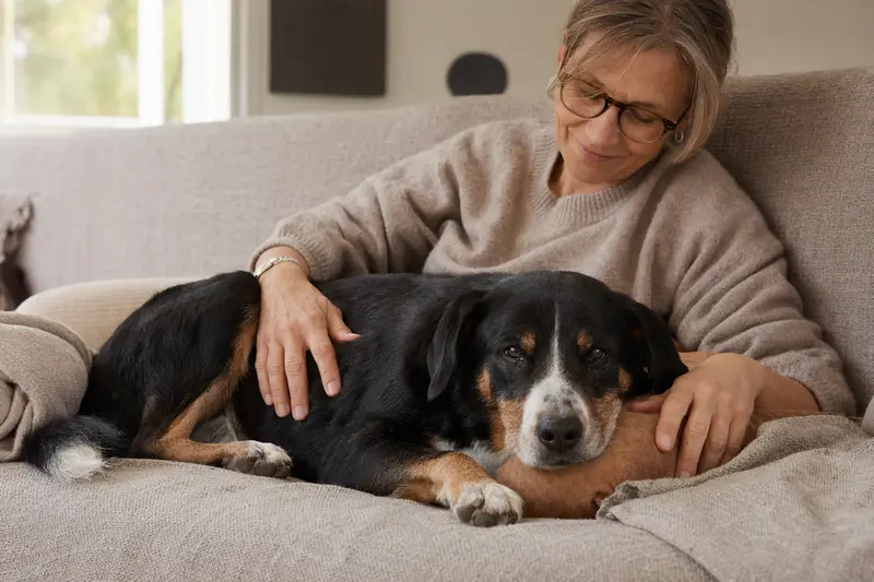Ein älterer Entlebucher Sennenhund liegt entspannt auf einem Sofa, während sein Besitzer ihn liebevoll streichelt.