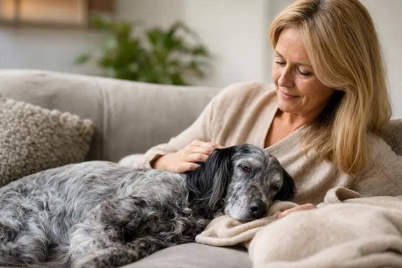 Ein älterer Epagneul Bleu De Picardie liegt entspannt auf einem gemütlichen Sofa, während sein Besitzer ihn liebevoll streichelt und eine warme Lichtstimmung erzeugt.