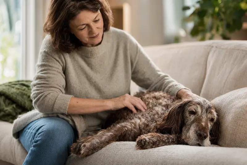 Ein älterer Epagneul de Saint-Usuge Hund liegt entspannt auf einem Sofa, während sein Besitzer ihn liebevoll streichelt.