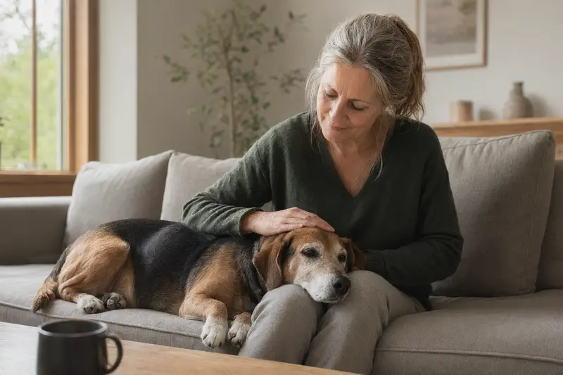 Ein älterer Estnische Bracke Hund liegt entspannt auf einem Sofa, während sein Besitzer ihn liebevoll streichelt.