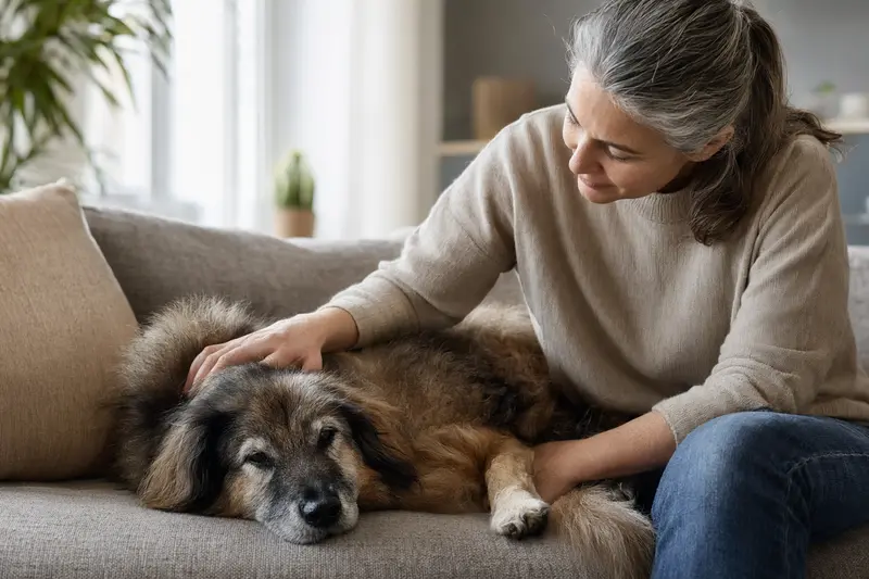 Ein älterer Eurasier liegt entspannt auf einem Sofa, während sein Besitzer ihn liebevoll streichelt.