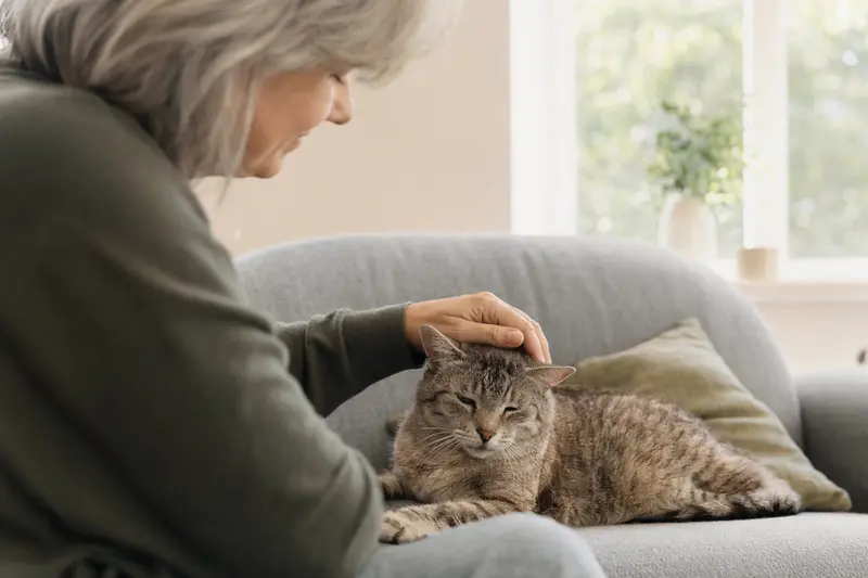 Eine ältere Europäisch Kurzhaar Katze liegt entspannt auf einem Sofa, während ihr Besitzer sie liebevoll streichelt.