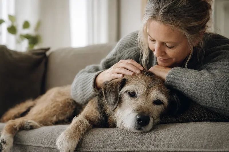 Ein älterer Fell Terrier Hund liegt entspannt auf einem Sofa, während sein Besitzer ihn liebevoll streichelt.