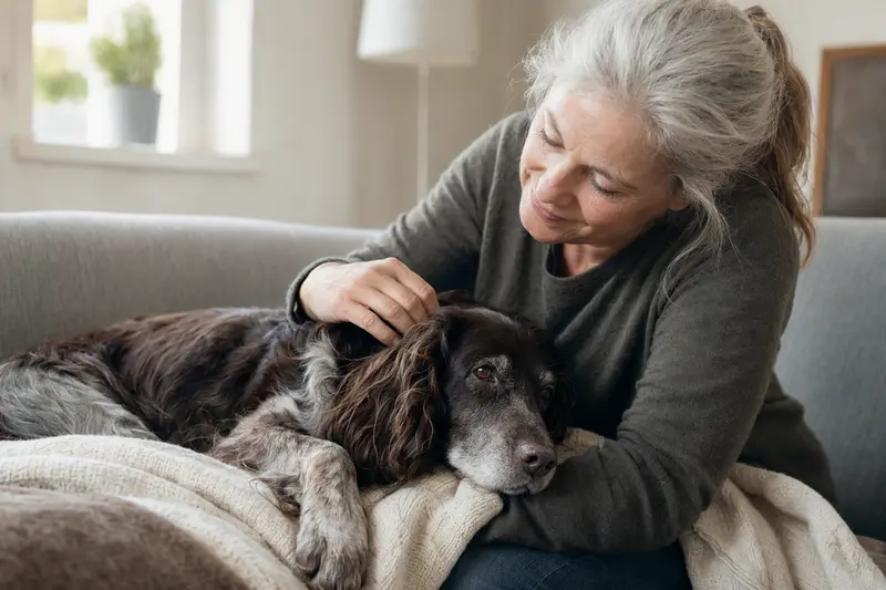Ein älterer Field Spaniel Hund liegt entspannt auf einem gemütlichen Sofa, während sein Besitzer ihn liebevoll streichelt.