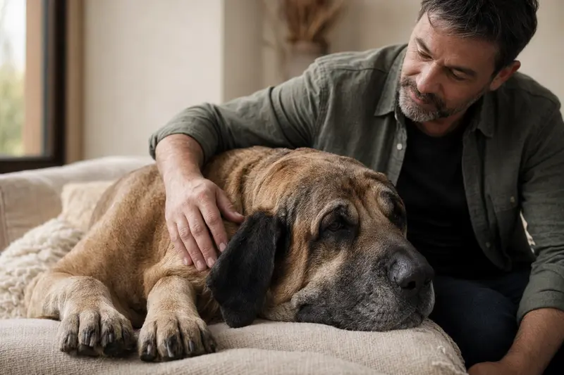 Ein älterer Fila Brasileiro Hund liegt entspannt auf einem gemütlichen Sofa, während sein Besitzer ihn liebevoll streichelt.