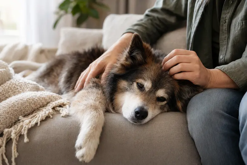 Ein älterer Finnenspitz Hund liegt entspannt auf dem Sofa, während sein Besitzer ihn liebevoll streichelt.