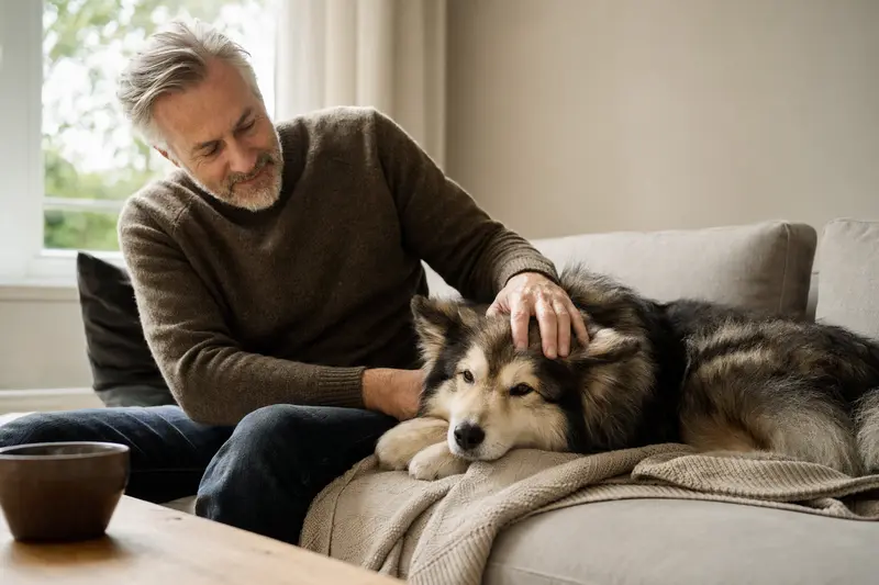 Ein älterer Finnischer Lapphund entspannt auf einem Sofa, während sein Besitzer ihn liebevoll streichelt.