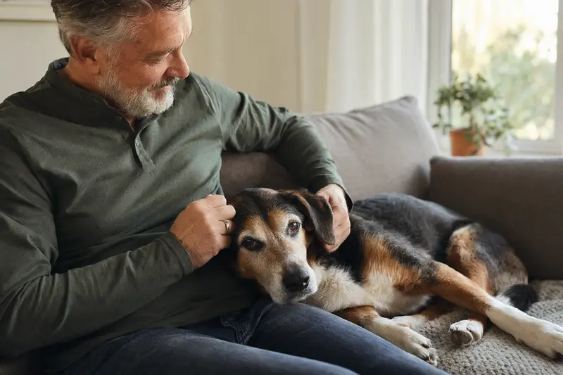 Älterer Finnischer Laufhund liegt entspannt auf einem Sofa, während sein Besitzer ihn liebevoll streichelt – ein Bild von Fürsorge und Sicherheit im Zuhause.