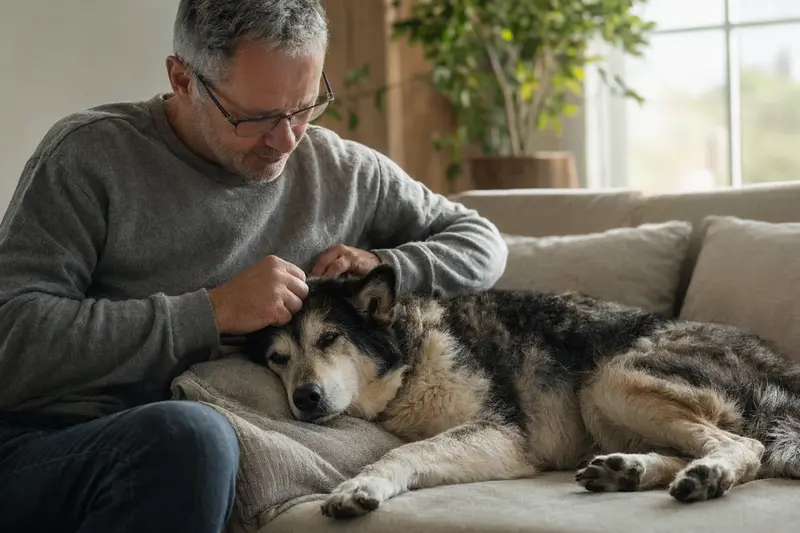Ein älterer Finnischer Rentierhütehund liegt entspannt auf einem bequemen Sofa, während sein Besitzer ihm liebevoll über den Kopf streichelt.