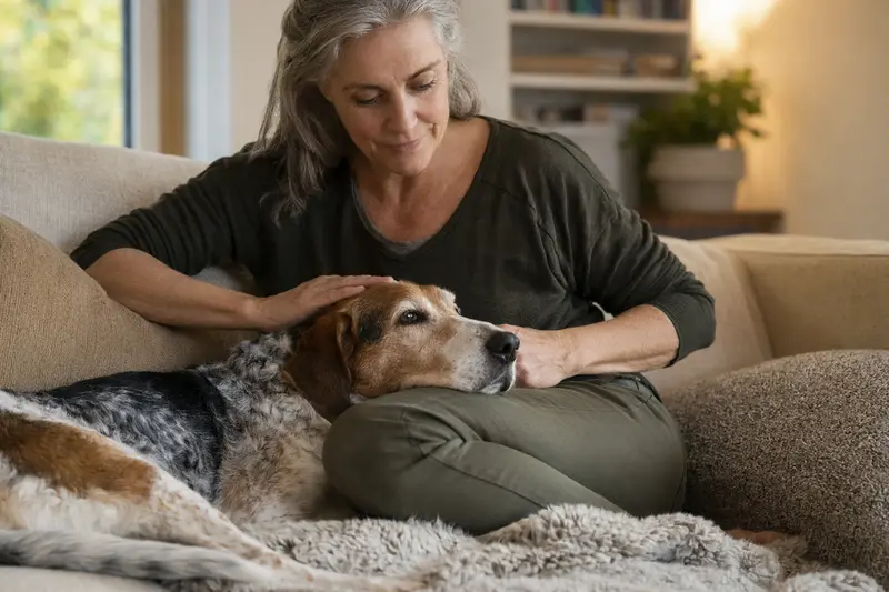 Ein älterer Finsk Stövare Hund liegt entspannt auf einem Sofa, während sein Besitzer ihn liebevoll streichelt.