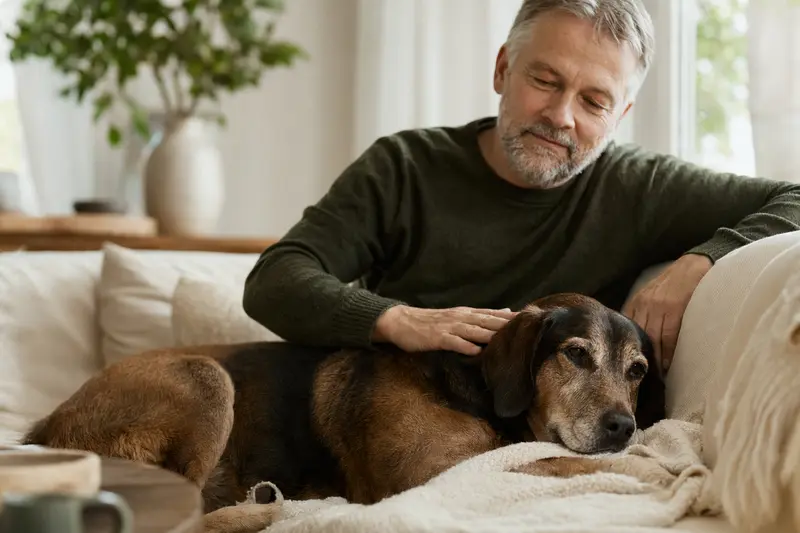 Ein älterer Flämischer Treibhund liegt entspannt auf einem Sofa, während sein Besitzer ihn liebevoll streichelt.