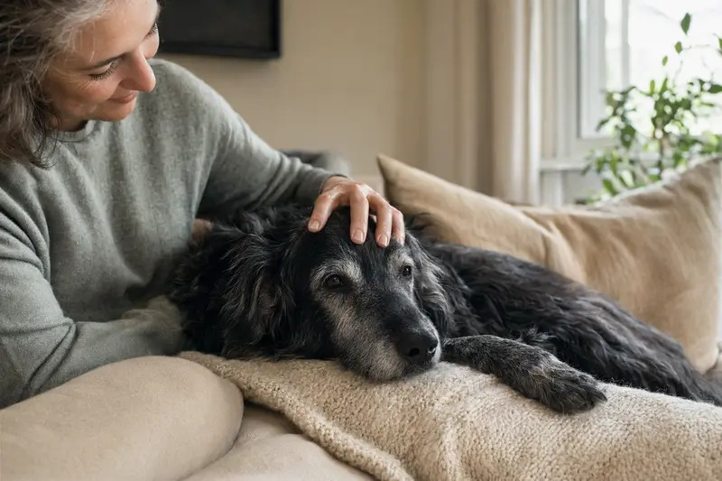 Ein älterer Flat Coated Retriever liegt entspannt auf einem Sofa, während sein Besitzer ihn liebevoll streichelt.