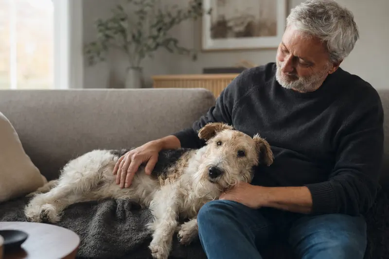 Ein älterer Foxterrier (Drahthaar) liegt entspannt auf dem Sofa, während sein Besitzer ihn liebevoll streichelt.