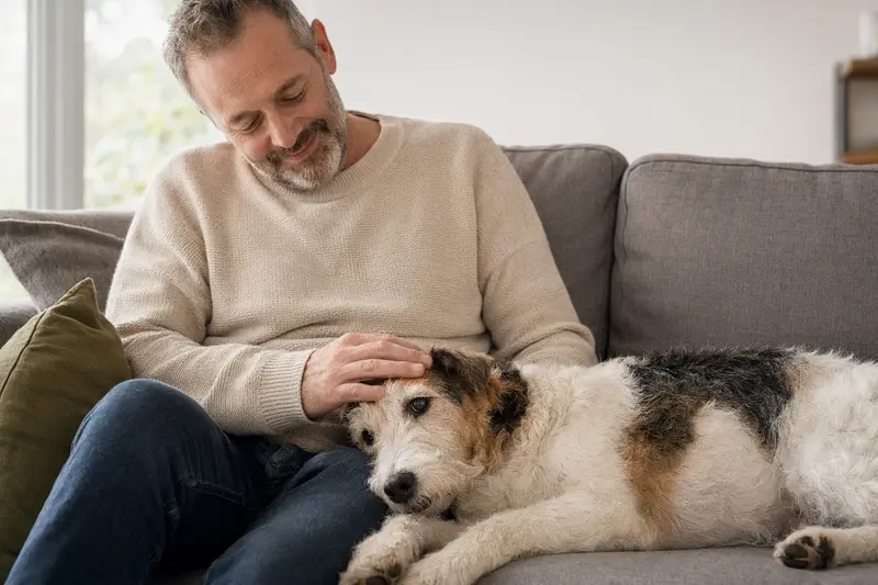 Ein älterer Foxterrier Hund liegt entspannt auf einem gemütlichen Sofa, während sein Besitzer ihn liebevoll streichelt.