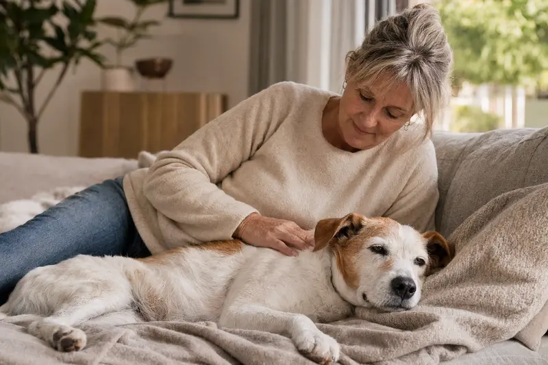 Ein älterer Francais blanc et orange liegt entspannt auf einem Sofa, während sein Besitzer ihn liebevoll streichelt und ein Gefühl von Sicherheit vermittelt.