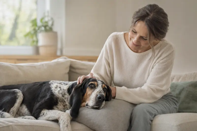 Ein älterer Französischer Dreifarbiger Laufhund liegt entspannt auf einem Sofa, während sein Besitzer ihn liebevoll streichelt.