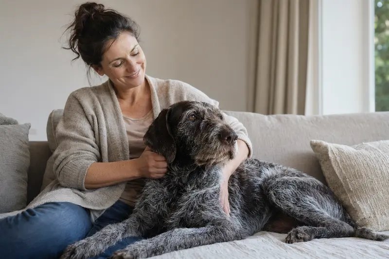 Ein älterer Französischer Rauhaariger Vorstehhund liegt entspannt auf einem Sofa, während sein Besitzer ihn liebevoll streichelt.