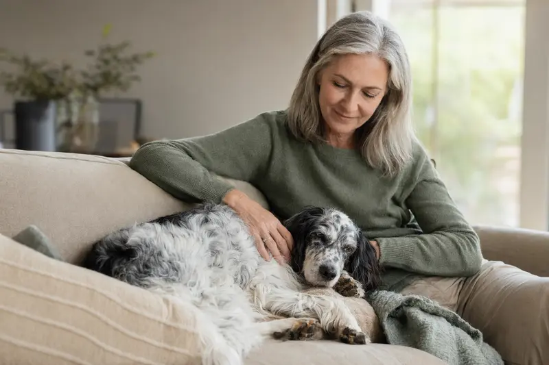 Ein älterer Französischer Spaniel liegt entspannt auf einem Sofa, während sein Besitzer ihn liebevoll streichelt.