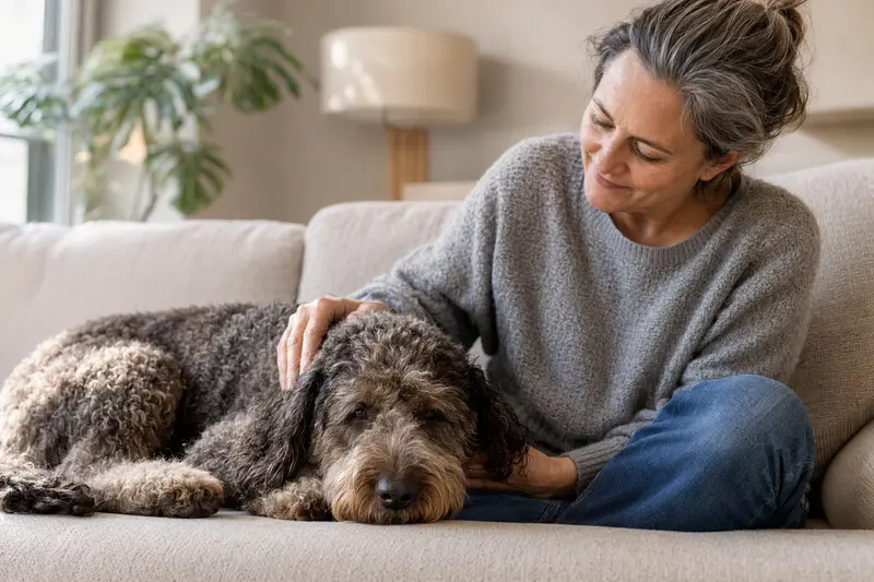 Ein älterer Französischer Wasserhund liegt entspannt auf einem gemütlichen Sofa, während sein Besitzer ihn liebevoll streichelt und dabei eine warme Lichtstimmung erzeugt.