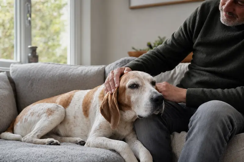 Ein älterer Französischer Weiß-Oranger Laufhund entspannt auf dem Sofa, während sein Besitzer ihn liebevoll streichelt.