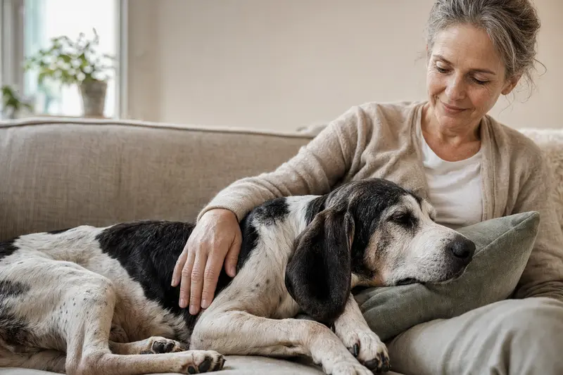 Ein älterer Französischer Weiß-Schwarzer Laufhund liegt entspannt auf einem Sofa, während sein Besitzer ihn liebevoll streichelt.